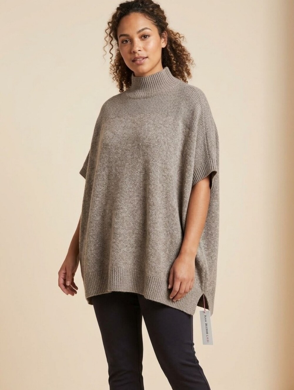 Cashmere Women's Taupe Mock Neck Poncho Sweater Size XL